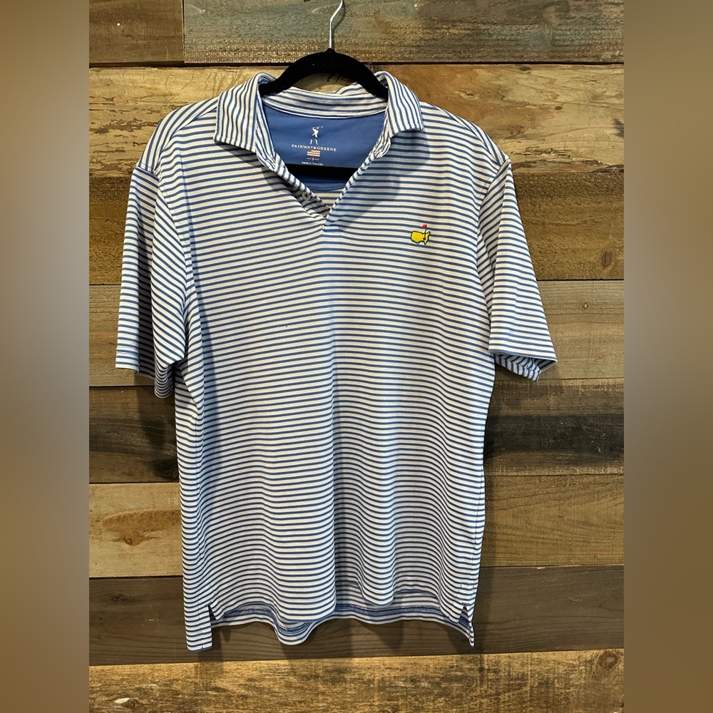 Blue and white strip Masters polo by Fairway and Greene